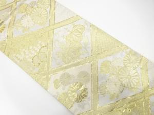 アンティーク　斜め格子に菊・桐模様織り出し袋帯（材料）